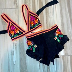 Authentic PatBo 2 piece swim suit bikini size Small black neon beaded